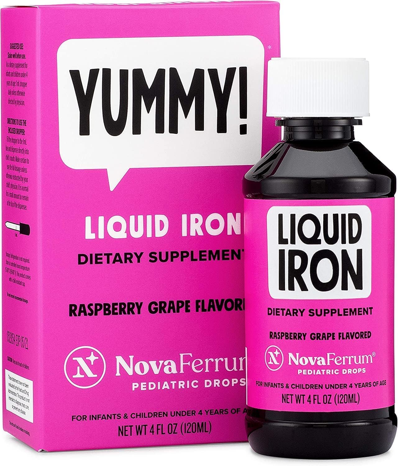 NovaFerrum frasco frontal muestra etiqueta clara y beneficios apto para padres