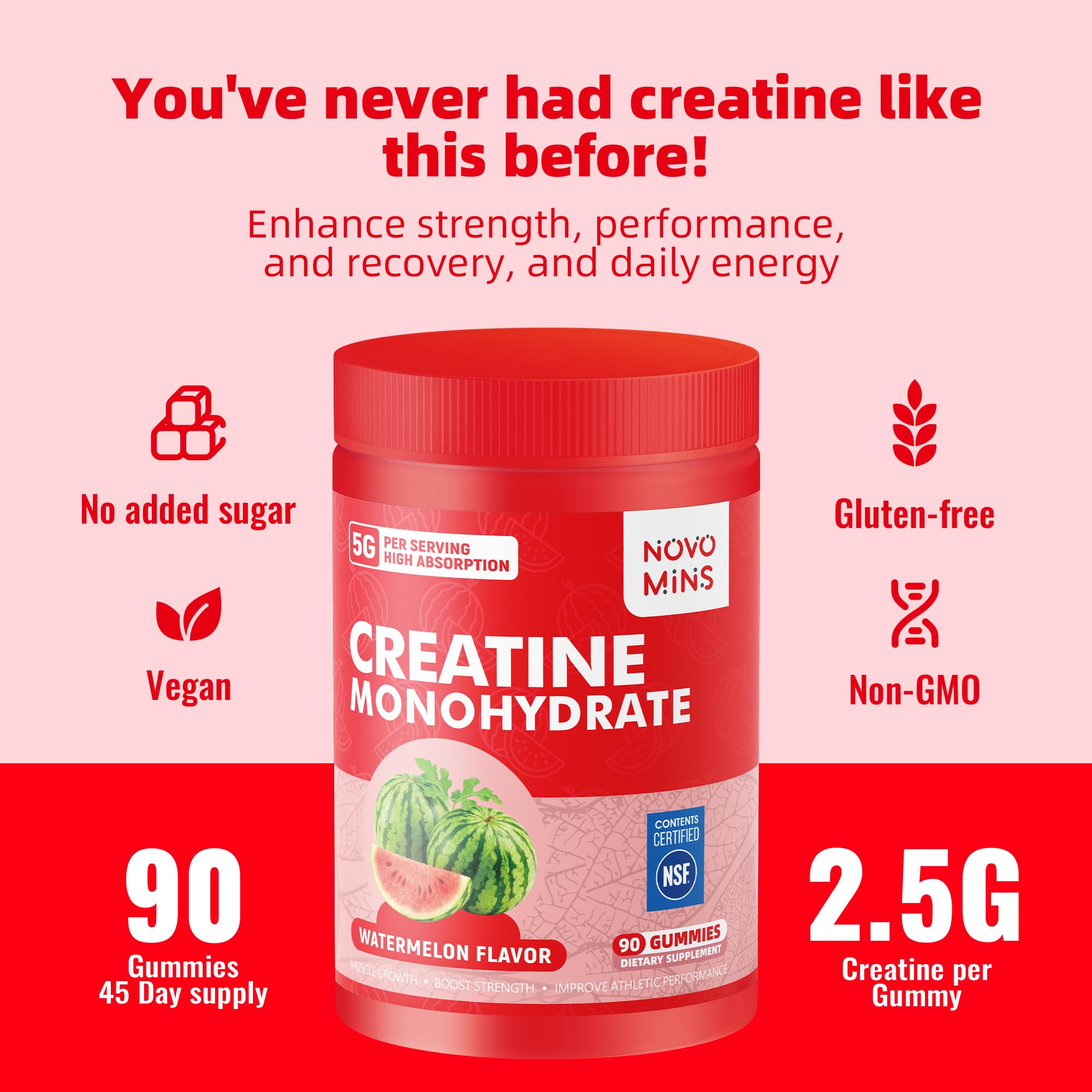Novomins etiqueta nutricional mostrando 5 g creatina por porción