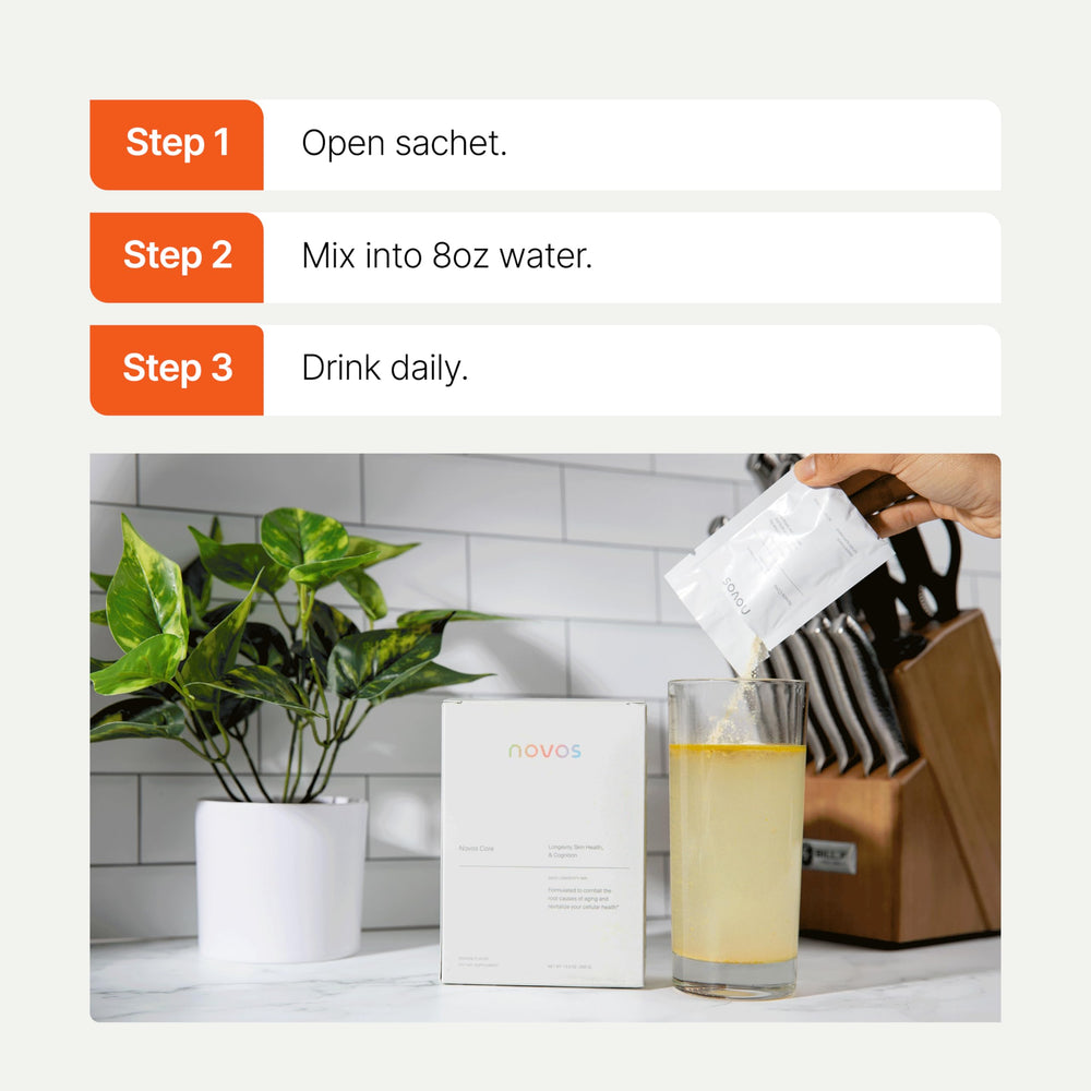 Novos Core etiqueta con lista de ingredientes clave y transparencia científica