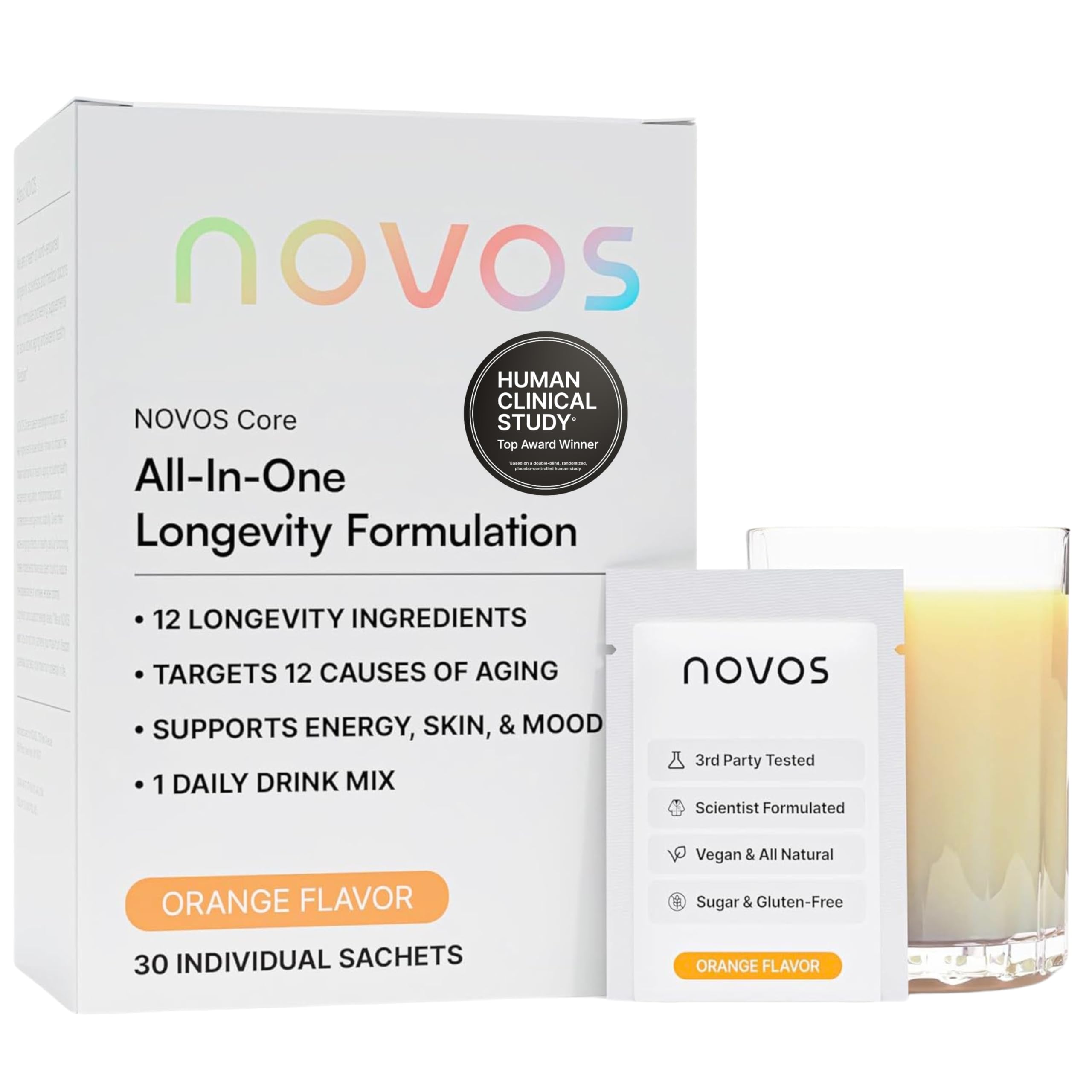 Novos Core frente del empaque mostrando diseño y beneficio de conveniencia
