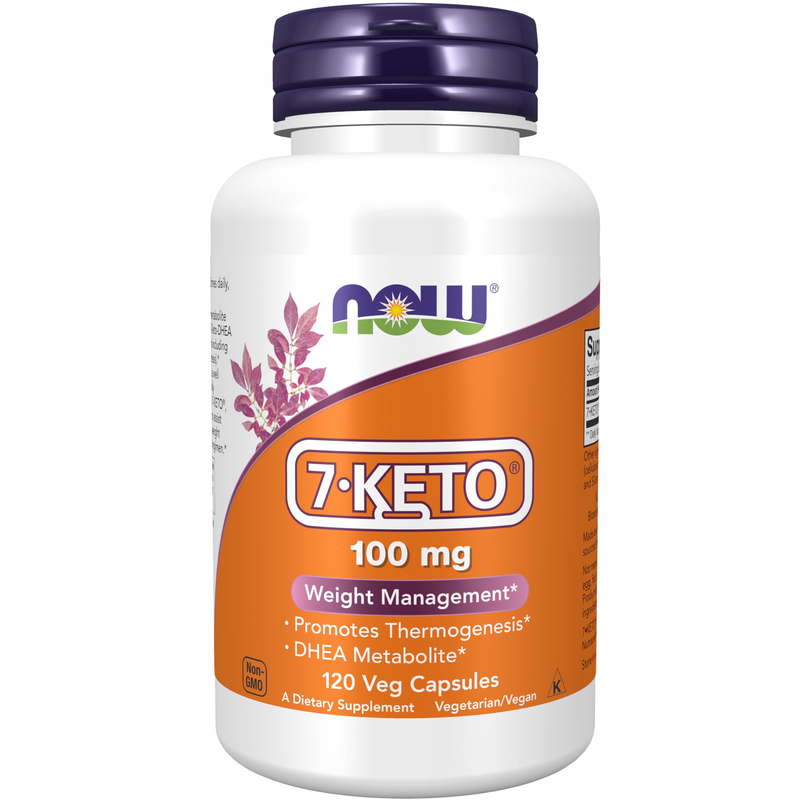 NOW frasco frontal mostrando 7-Keto 100 mg y beneficio de gestión de peso