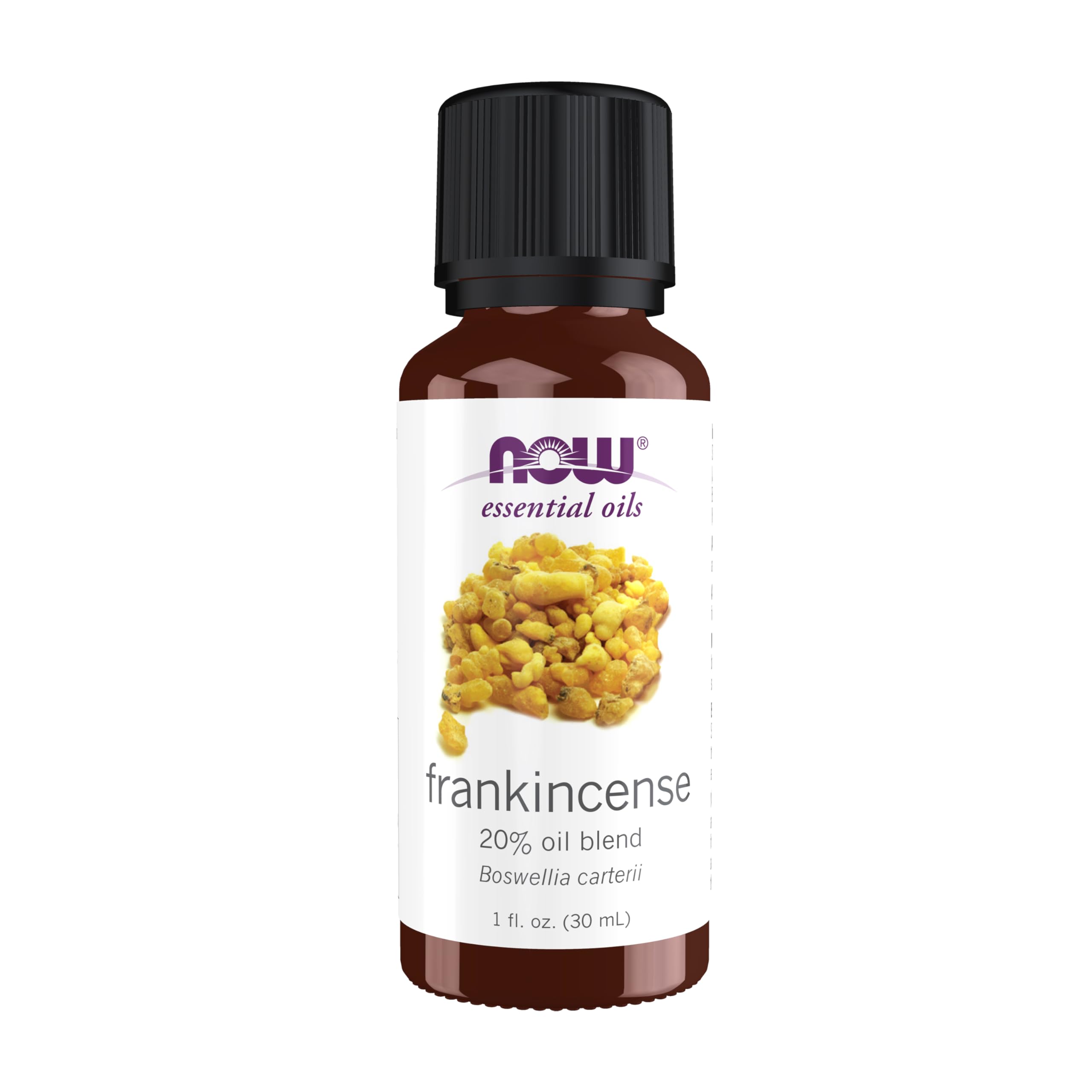 NOW frasco frontal del blend de incienso 20% en jojoba mostrando etiqueta clara