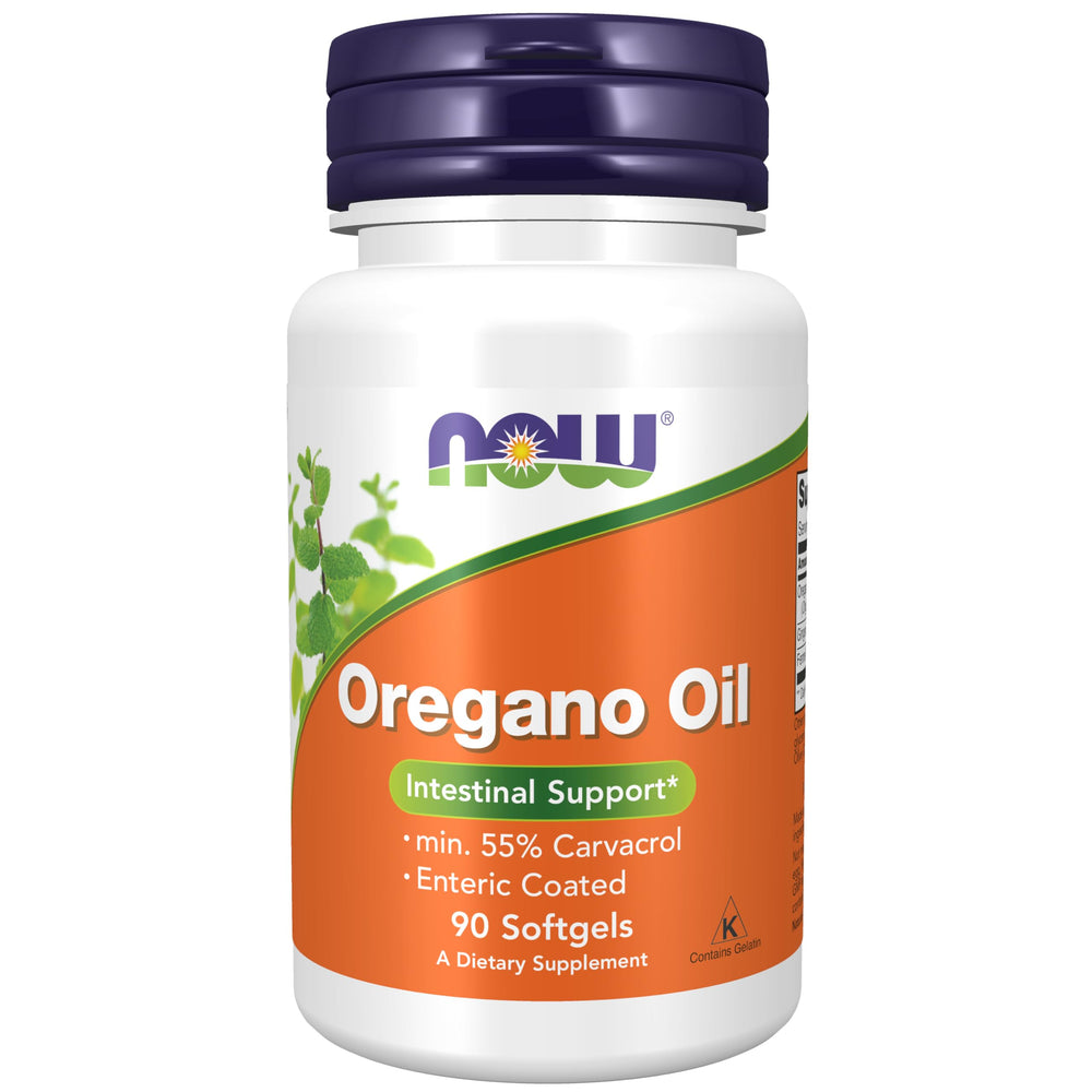 NOW Foods envase frontal del aceite de orégano mostrando el sello de carvacrol y beneficio de calidad