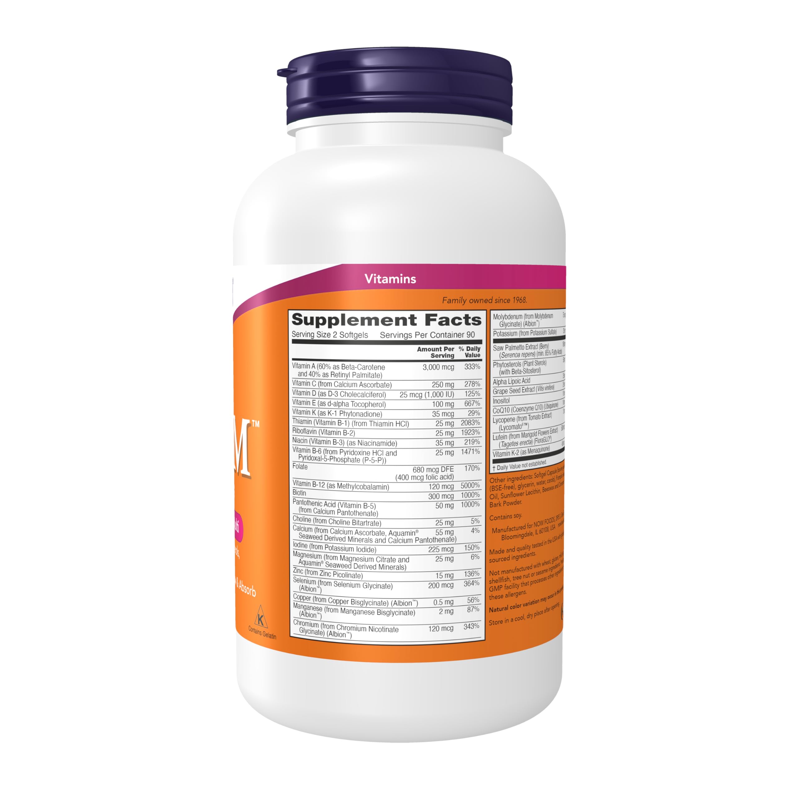 NOW Foods 180 softgels de ADAM sobre mesa mostrando cantidad del envase