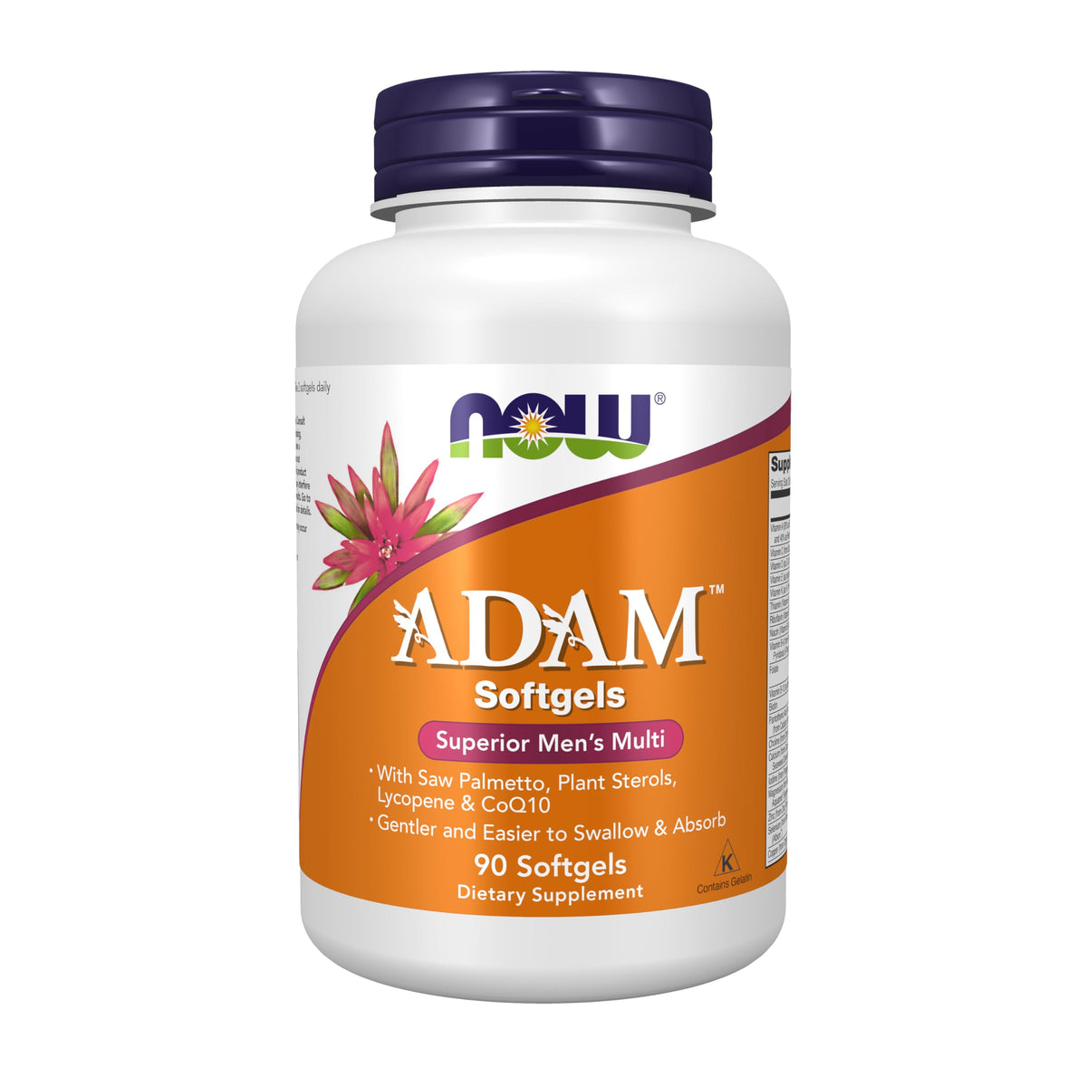 NOW ADAM envase frontal mostrando 90 softgels y beneficios para hombres