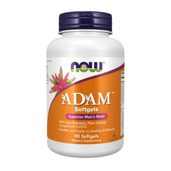 NOW ADAM envase frontal mostrando 90 softgels y beneficios para hombres