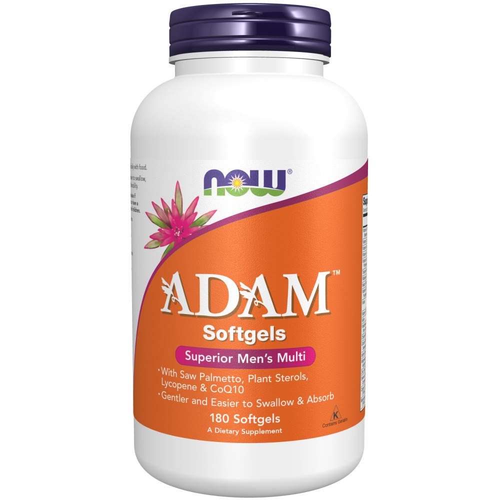NOW Foods envase frontal de Adam™ con presentación de 180 softgels, comodidad diaria