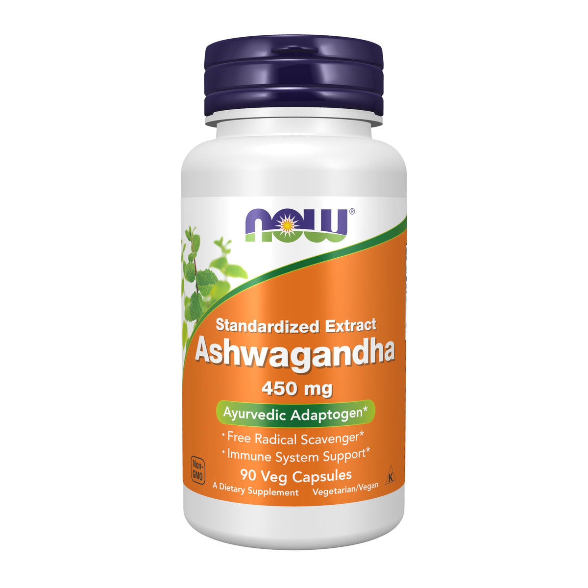 NOW Foods envase frontal de Ashwagandha mostrando presentación y beneficios