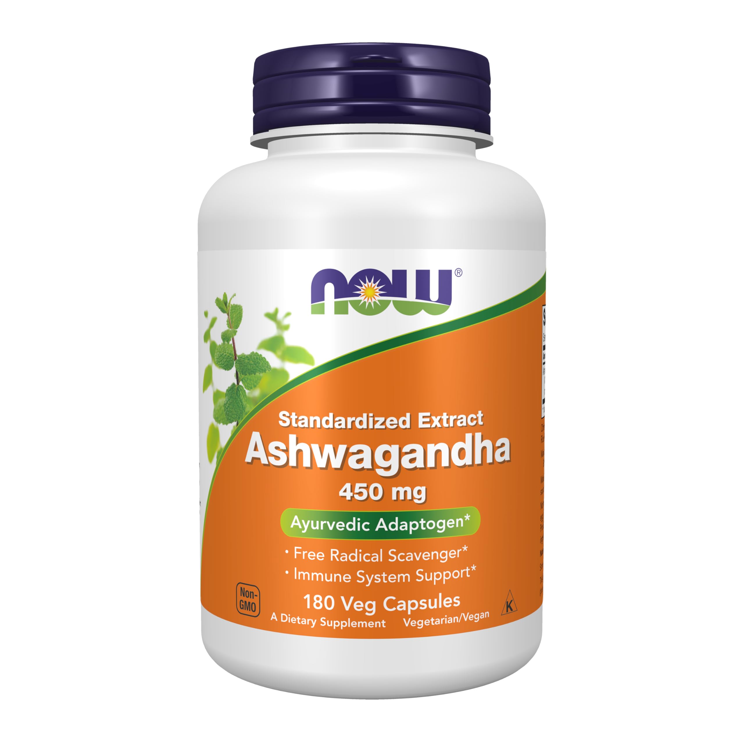 NOW Foods envase frontal de Ashwagandha 450 mg, presentación clara y segura