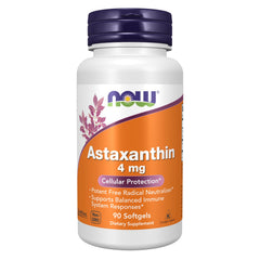 NOW Astaxanthin vista frontal del envase con 90 cápsulas, conveniencia y pureza