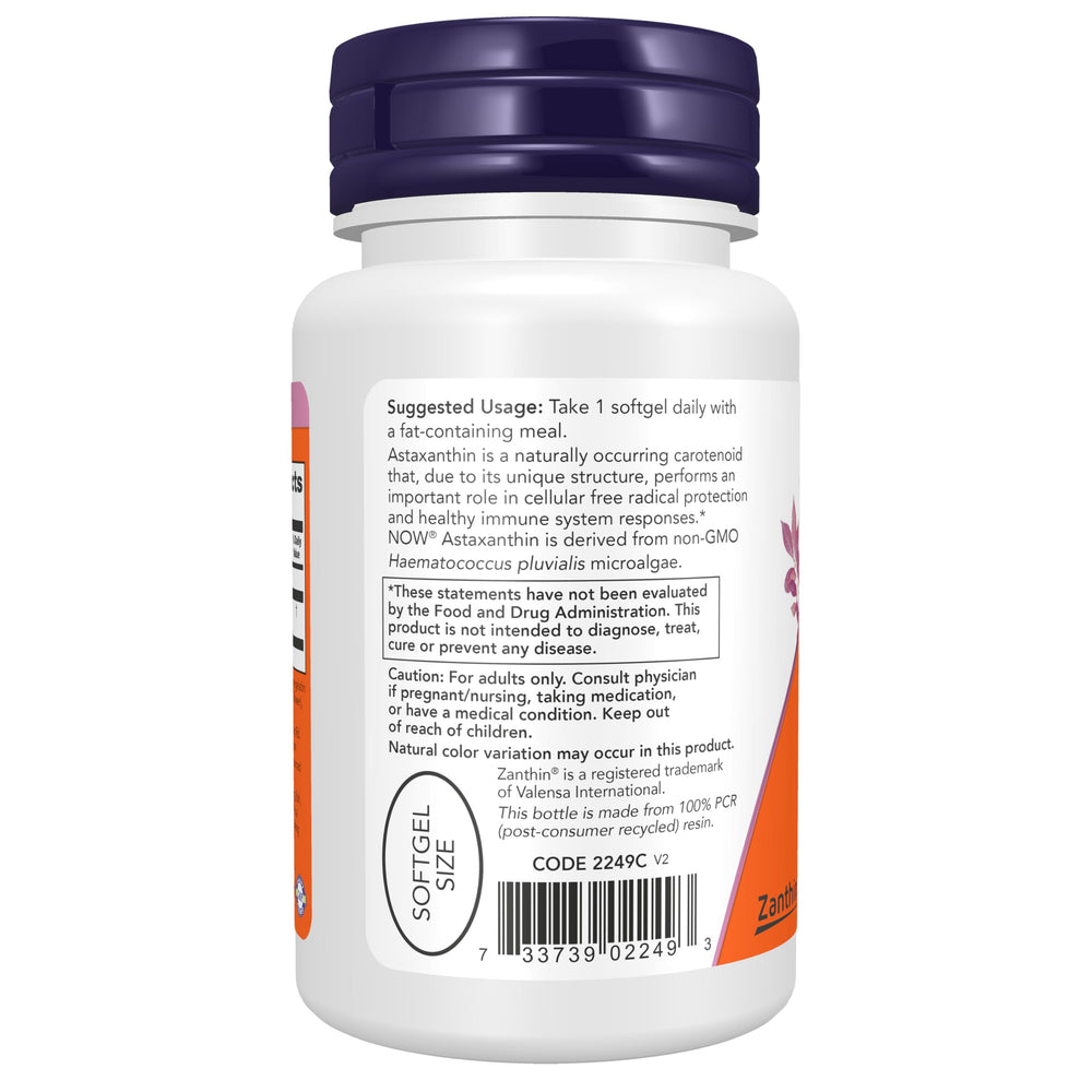 Botella abierta de NOW Astaxantina con softgels alineados listos para uso