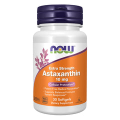 NOW Foods empaque frontal de Astaxantina 10 mg mostrando marca y cantidad