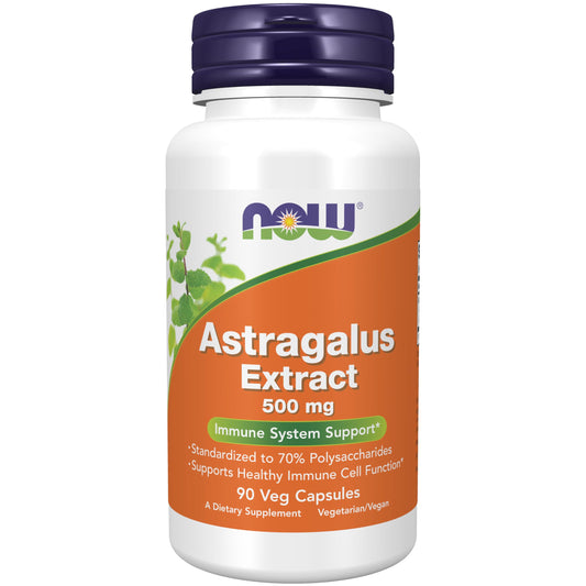 NOW Foods envase frontal de Astragalus 500 mg mostrando diseño y cantidad