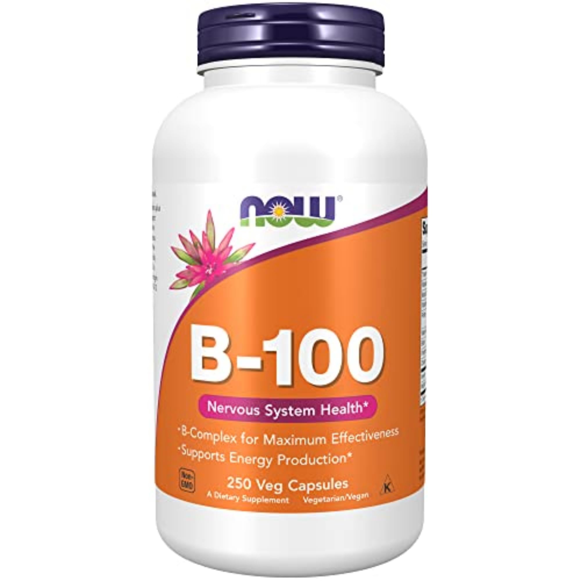 NOW B-100 frasco frontal mostrando la presentación y beneficios veganos