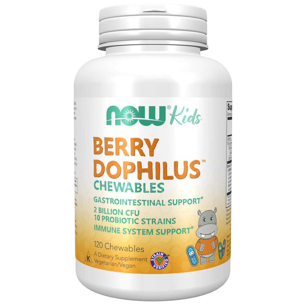 NOW Foods envase frontal BerryDophilus mostrando información y sabor frutos rojos