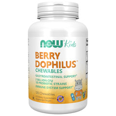 NOW Foods envase frontal BerryDophilus mostrando información y sabor frutos rojos