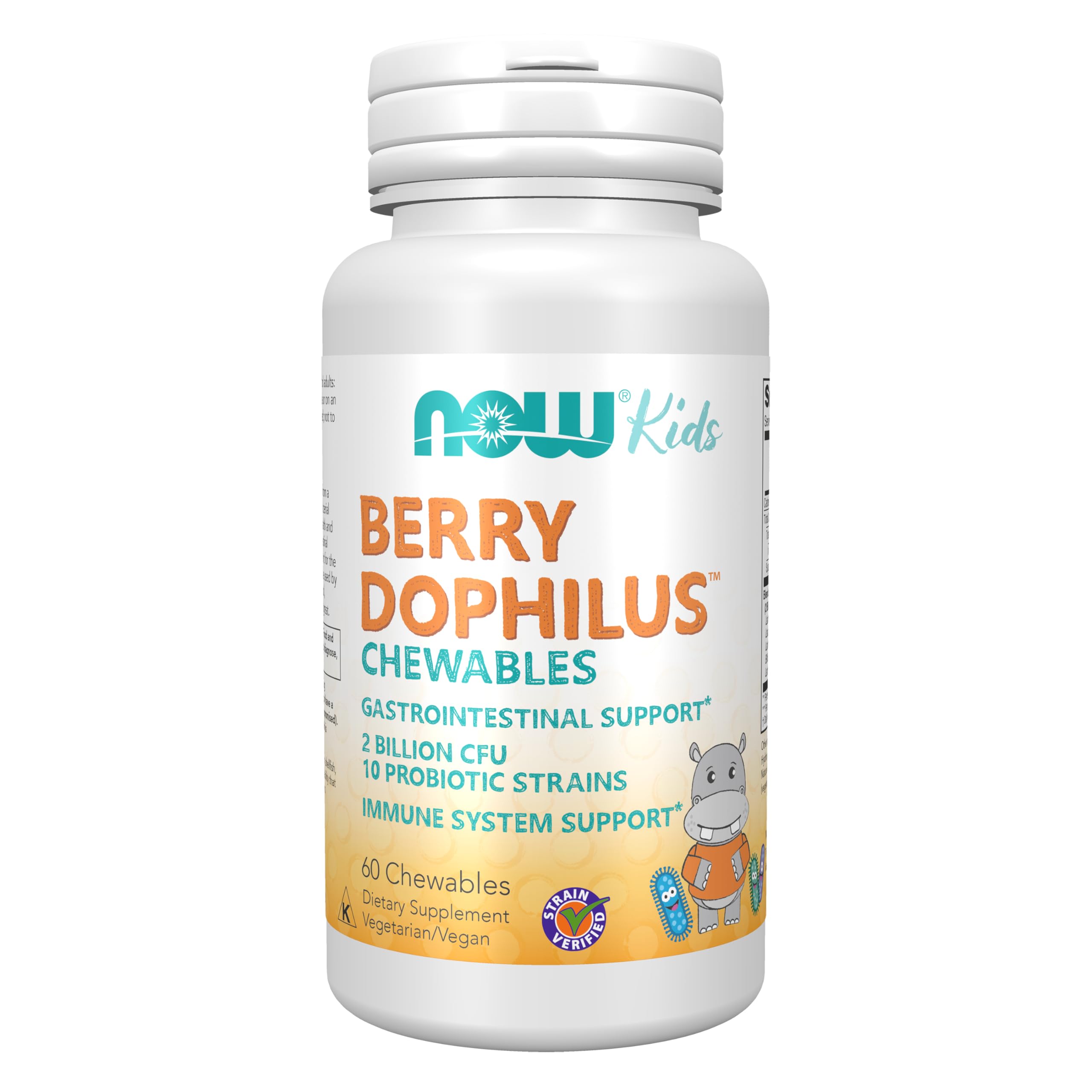 NOW Foods frasco frontal de BerryDophilus con 60 masticables y etiqueta clara, confianza en calidad