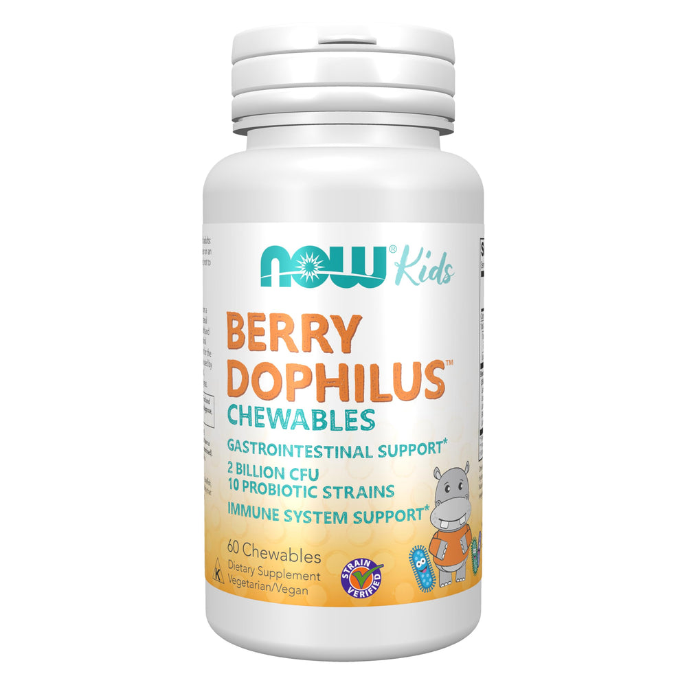 NOW Foods frasco frontal de BerryDophilus con 60 masticables y etiqueta clara, confianza en calidad