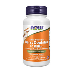 NOW Foods frasco frontal mostrando 50 masticables y beneficios