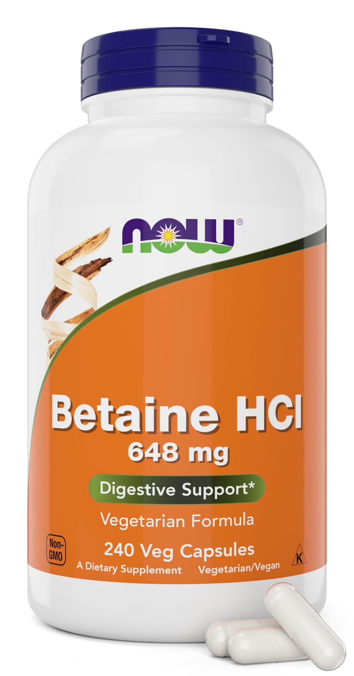 NOW Betaine HCl botella frontal mostrando 240 cápsulas para apoyo digestivo