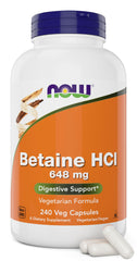 NOW Betaine HCl botella frontal mostrando 240 cápsulas para apoyo digestivo