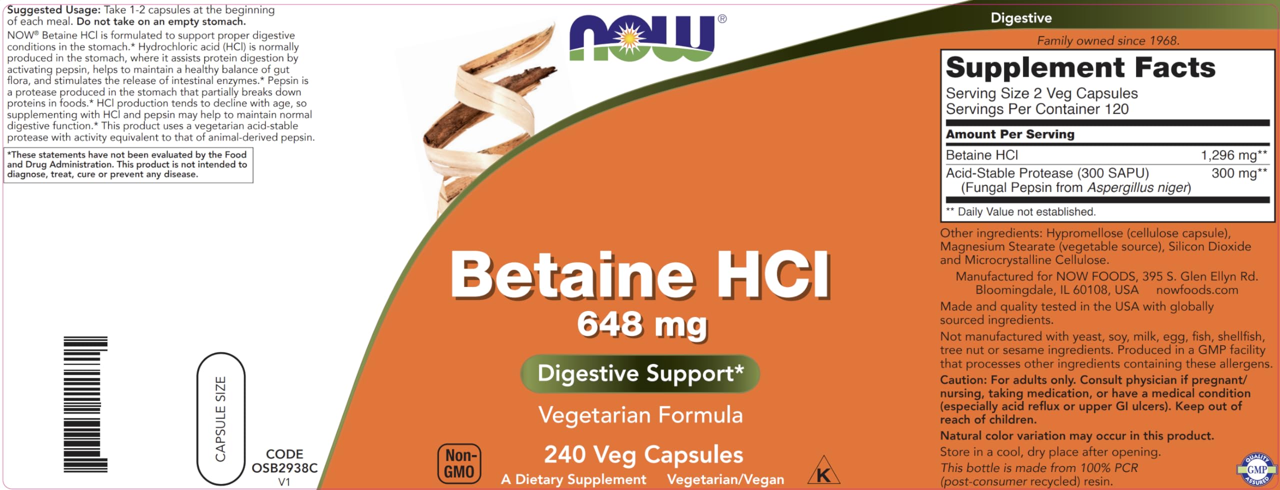 Comparación de tamaño de cápsula NOW Betaine HCl junto a una moneda para escala