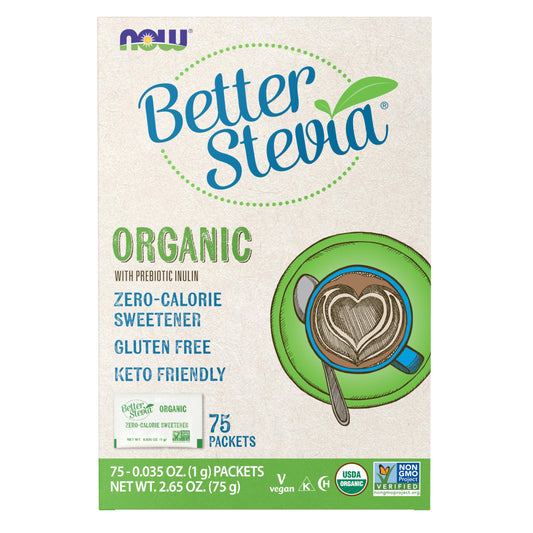NOW BetterStevia packaging frontal mostrando 75 sobres y beneficios