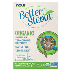 NOW BetterStevia packaging frontal mostrando 75 sobres y beneficios