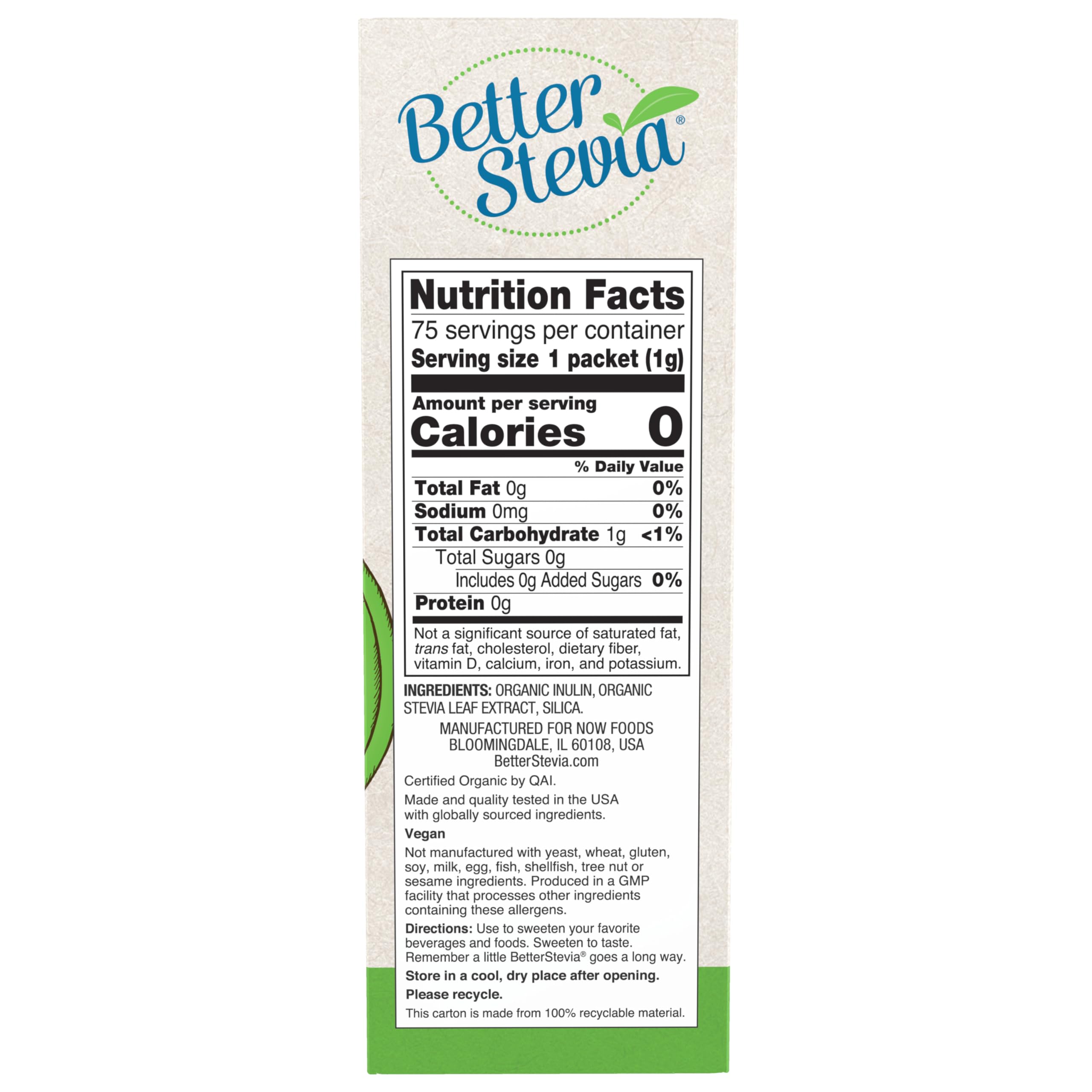NOW BetterStevia sobre abierto con polvo blanco y fácil porcionado