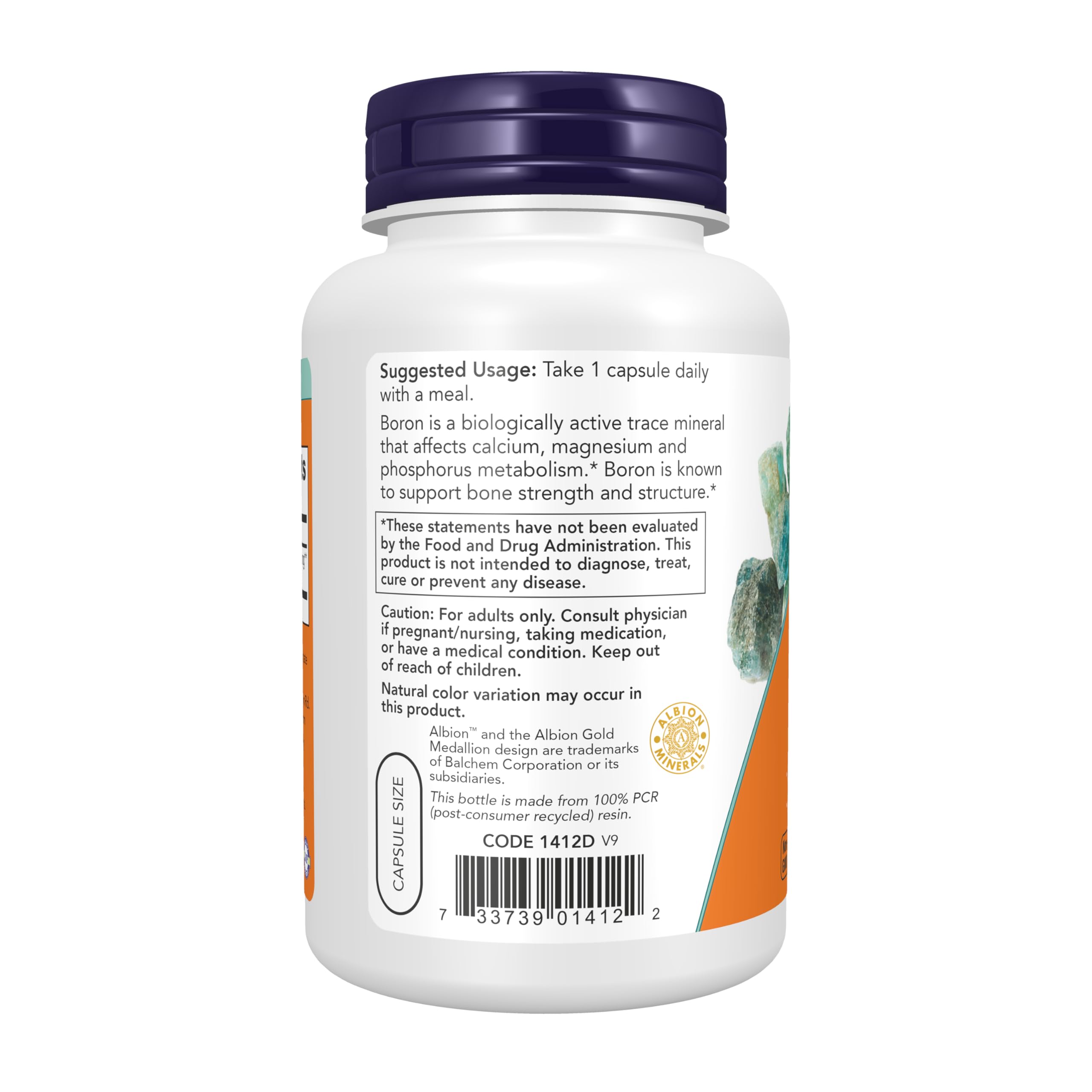 Etiqueta nutricional de NOW Boron mostrando forma Bororganic Glycine y beneficios