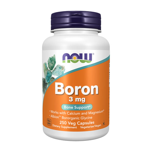 NOW Foods envase frontal de Boron 3 mg con vistas claras y beneficio de soporte mineral