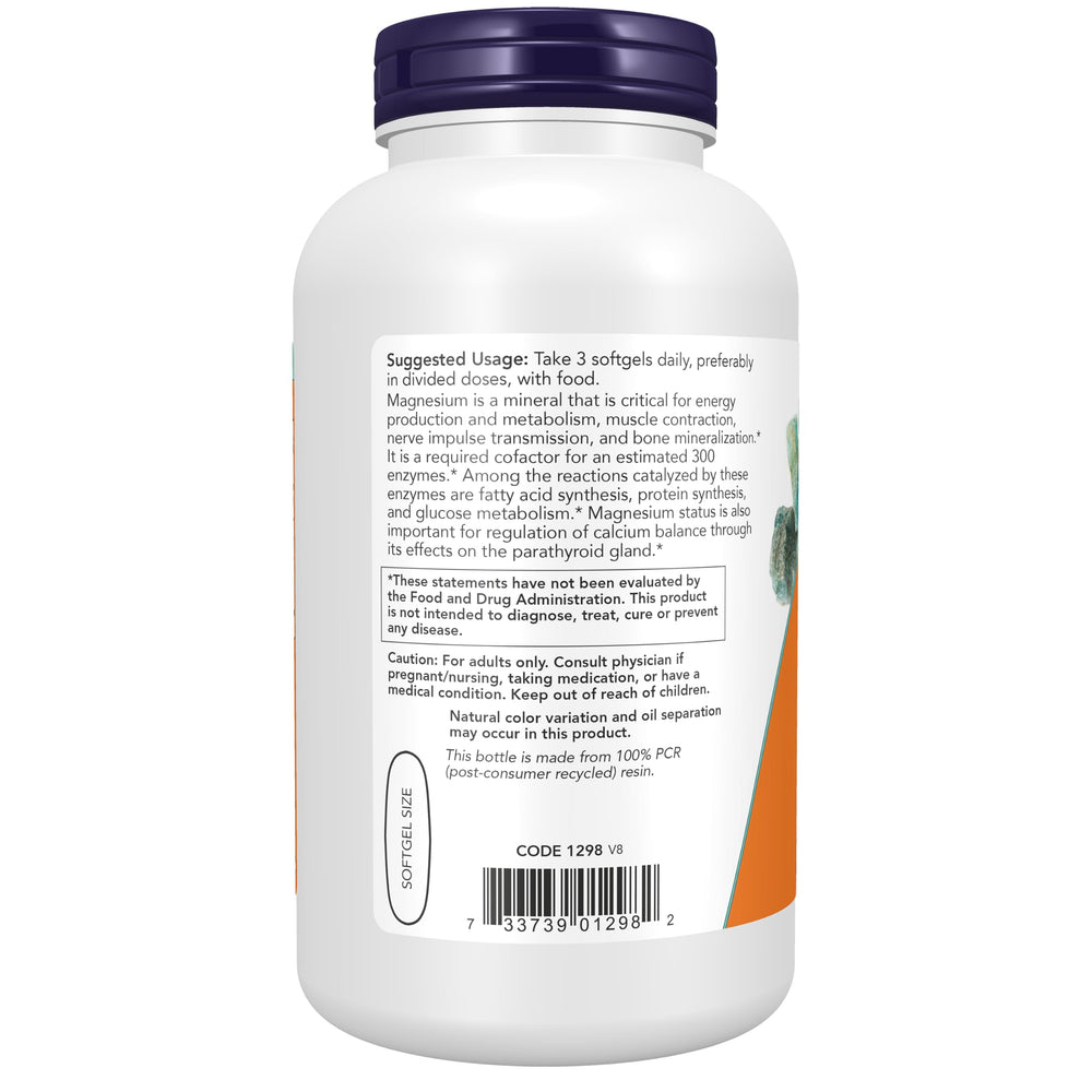 botella NOW abierta con softgels visibles para formato de 180 unidades