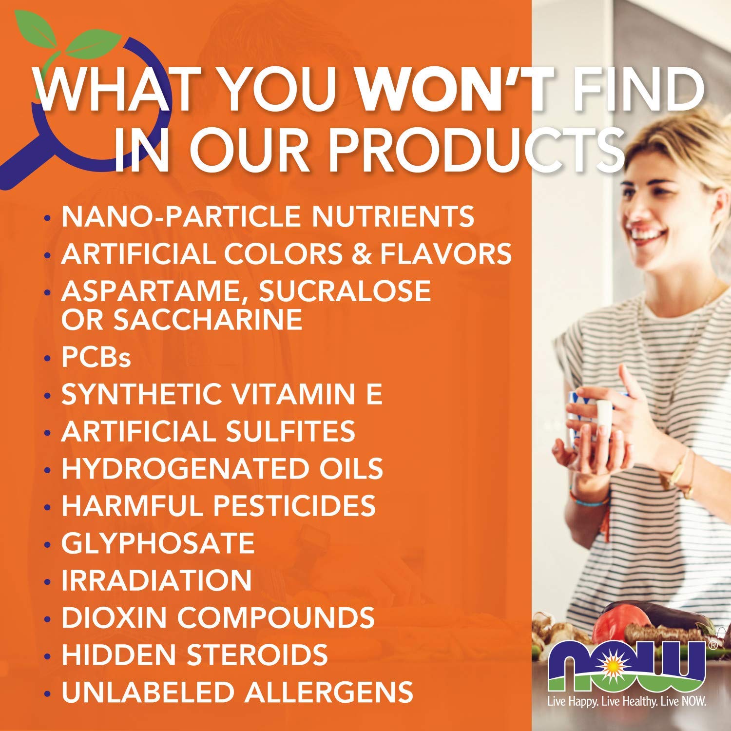 Lado del packaging NOW con lista de ingredientes y certificaciones