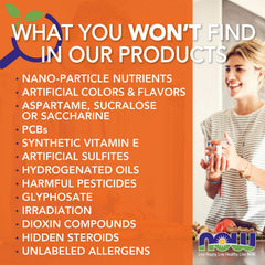 Lado del packaging NOW con lista de ingredientes y certificaciones