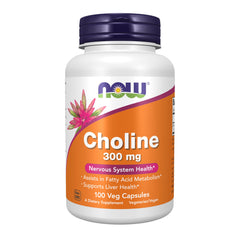 NOW Foods frasco frontal de Choline 300 mg muestra el envase vegano y práctico