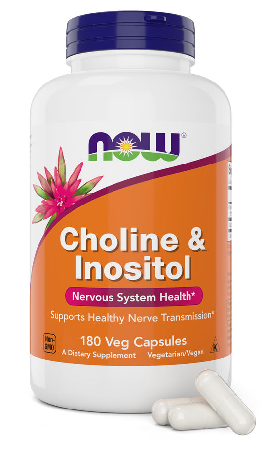 NOW Choline & Inositol vista frontal con etiqueta clara y aporte diario