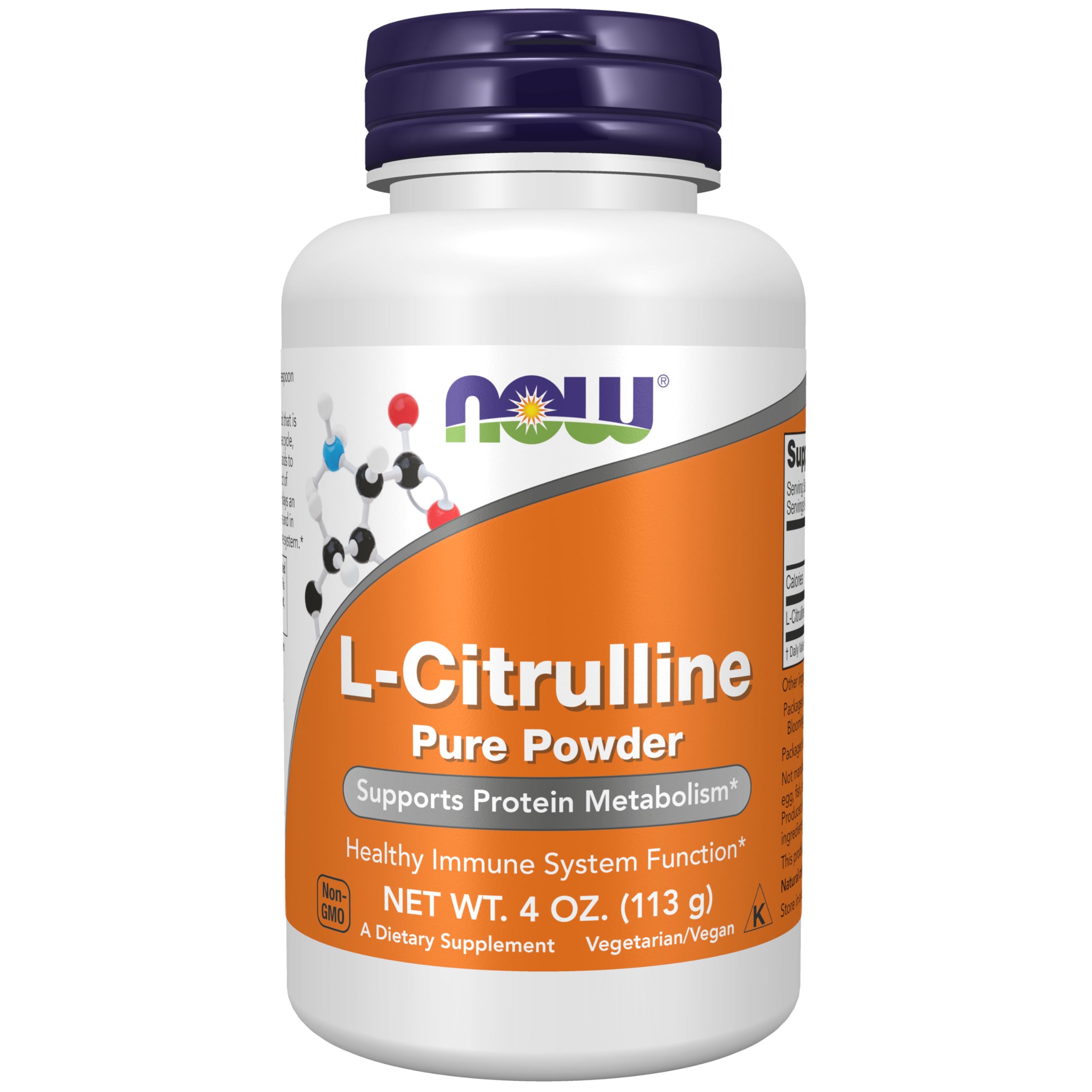 NOW Foods envase frontal de L‑Citrulline mostrando la presentación de 4 oz y claridad de ingredientes