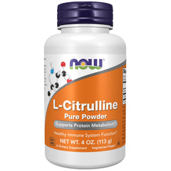 NOW Foods envase frontal de L‑Citrulline mostrando la presentación de 4 oz y claridad de ingredientes
