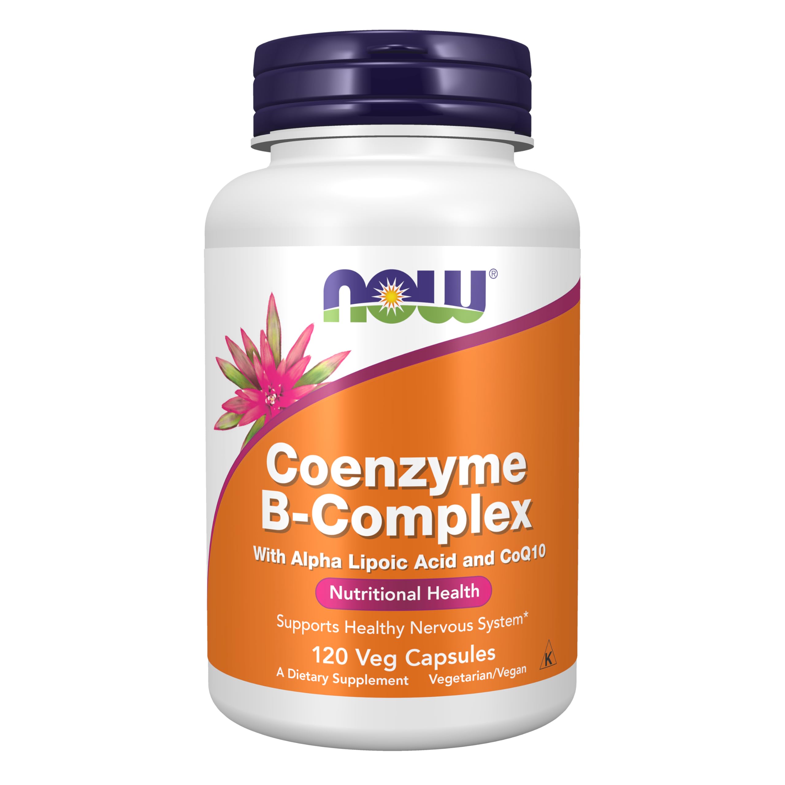 NOW frasco frontal del Co-Enzyme B-Complex mostrando 120 cápsulas y claridad del producto