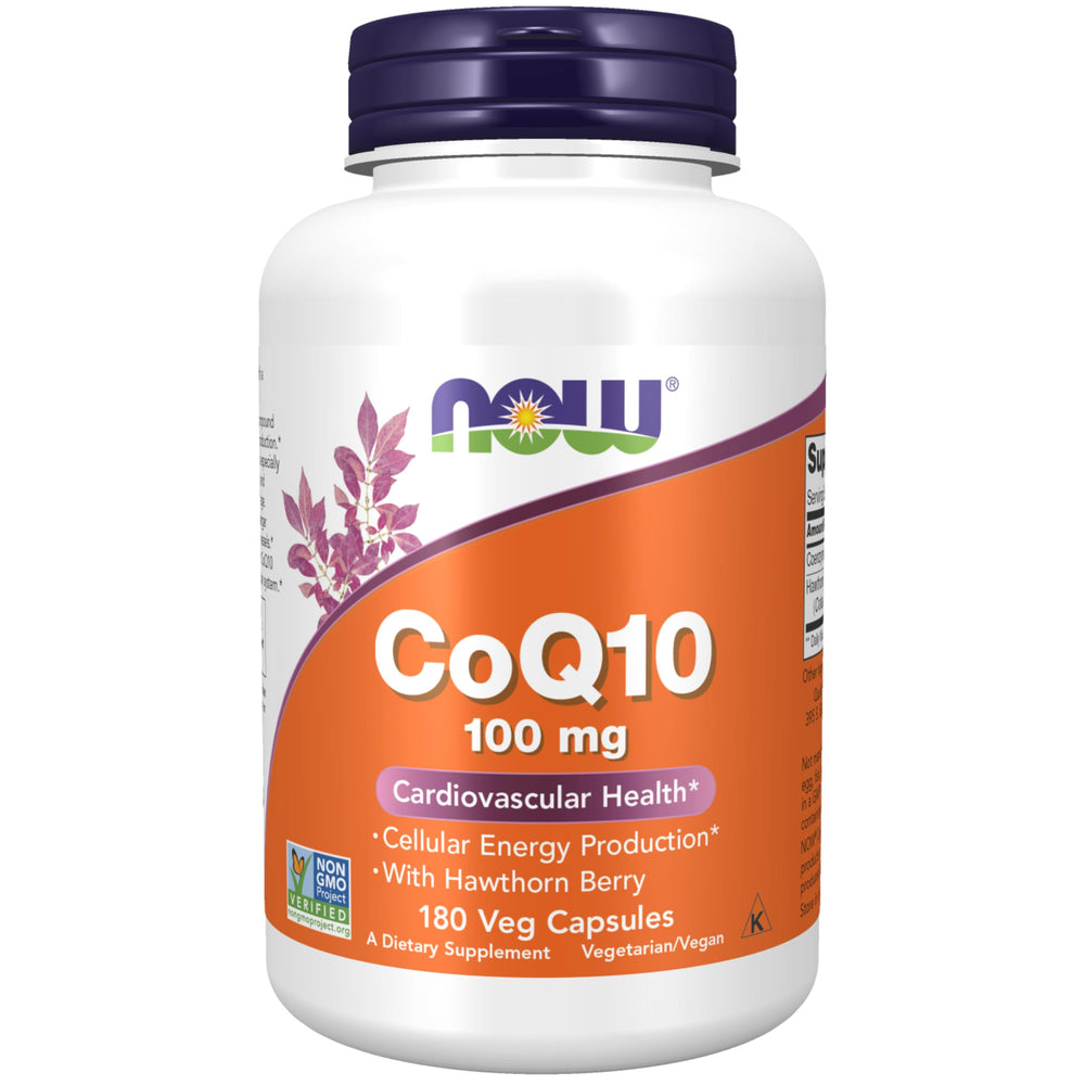 NOW CoQ10 frente del envase mostrando 180 cápsulas y beneficios claros