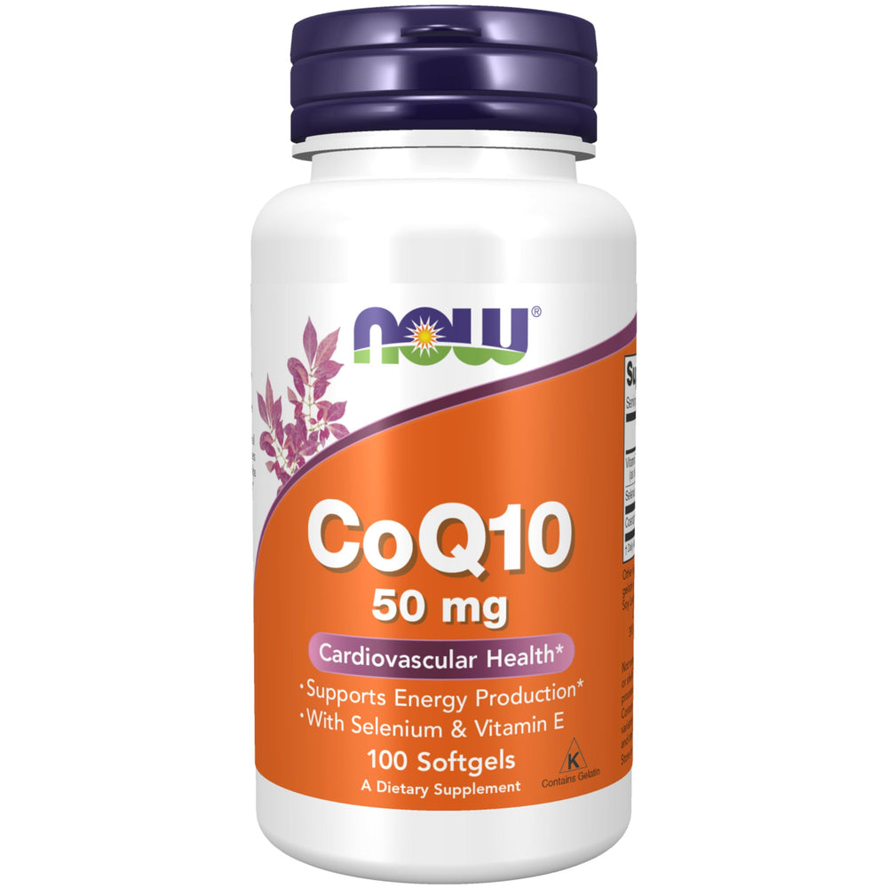NOW Foods envase frontal de CoQ10 50 mg mostrando presentación clara y profesional