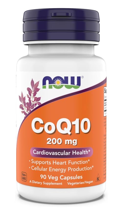 NOW Foods frasco CoQ10 200 mg frente mostrando etiqueta clara y beneficios