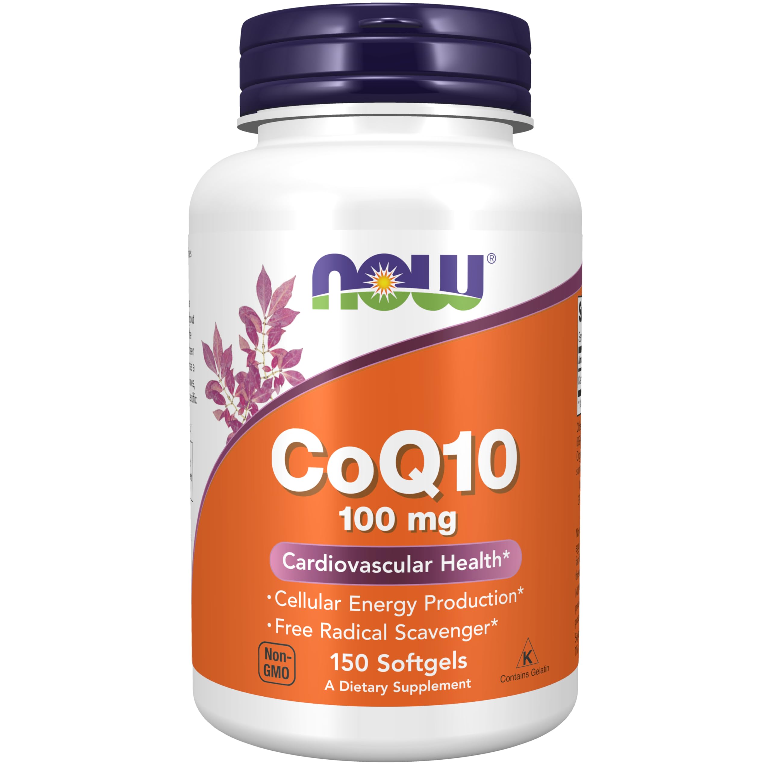 NOW Foods frasco frontal de CoQ10 100 mg mostrando 150 softgels y beneficios de conservación