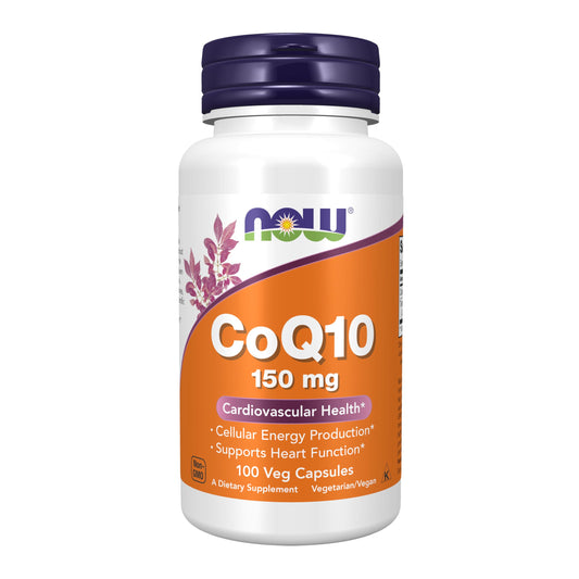 NOW CoQ10 frontal del envase mostrando diseño y dosis 150 mg