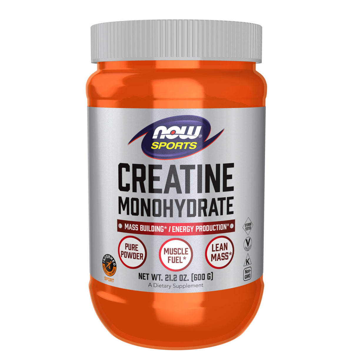 NOW Foods envase frontal de creatina monohidrato mostrando marca y tamaño