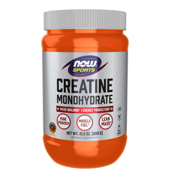 NOW Foods envase frontal de creatina monohidrato mostrando marca y tamaño