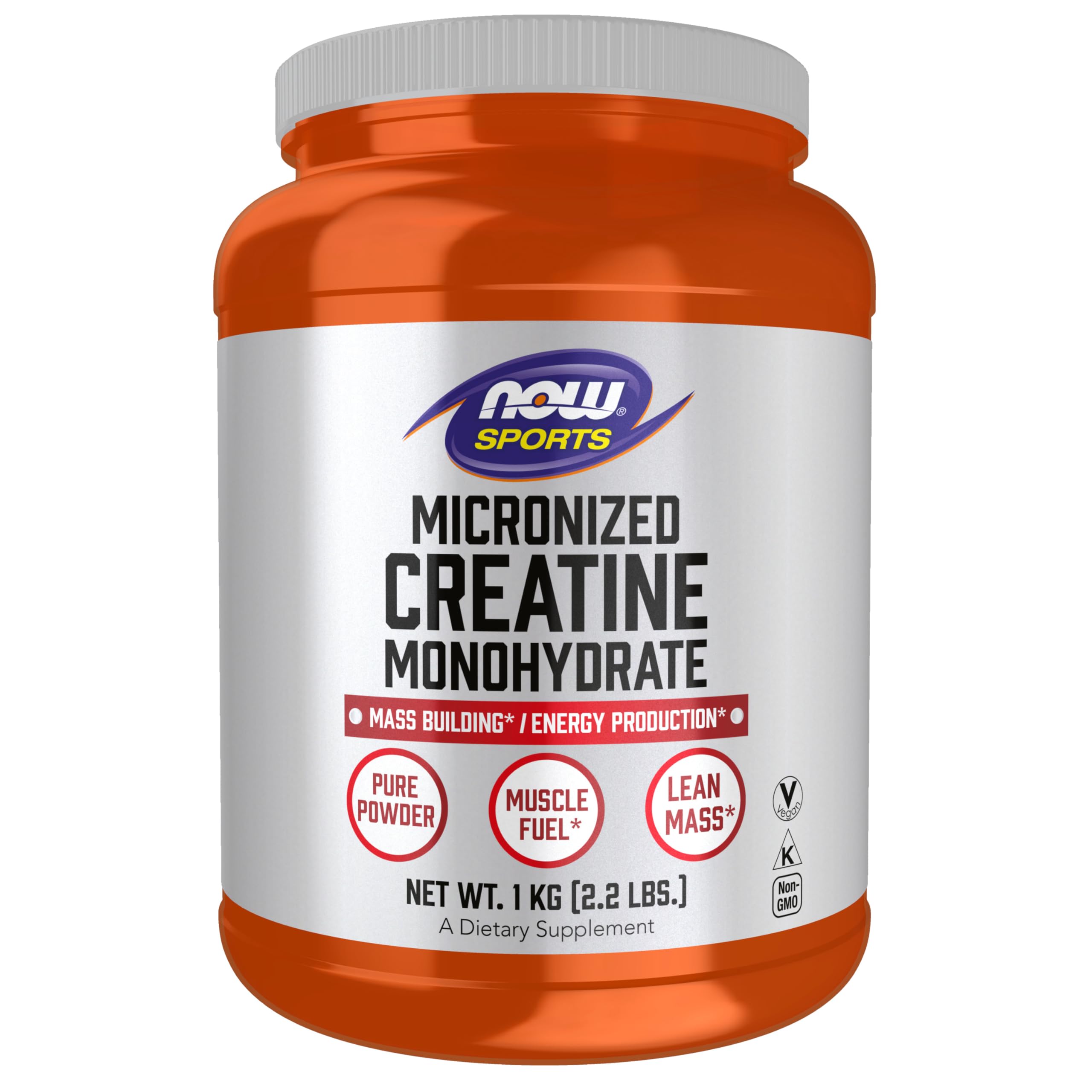 NOW Foods envase frontal de creatina micronizada, pureza y confianza