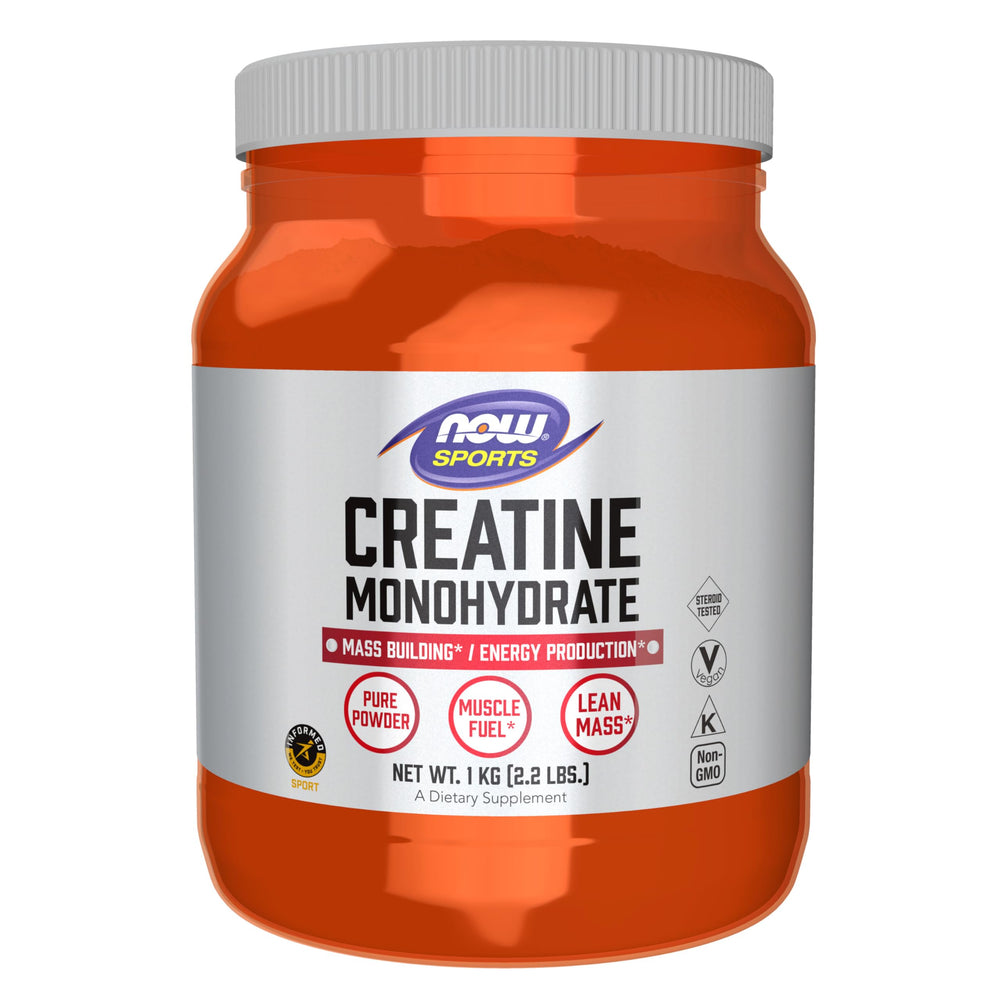 NOW Foods envase frontal de creatina monohidrato mostrando pureza y tamaño