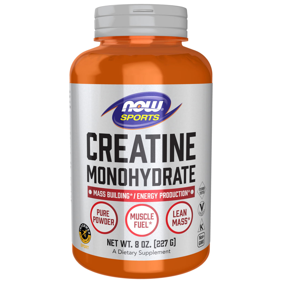 NOW Foods envase frontal de creatina monohidrato, presentación 8 oz, calidad pura