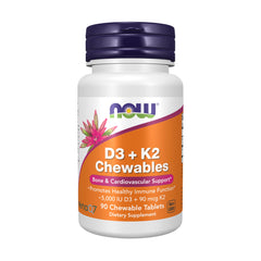 NOW Foods frasco frontal mostrando D3 K2 masticables, beneficio conveniencia